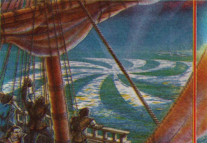 Rotating "wheels" on the surface of the ocean (drawing according to the descriptions of witnesses).