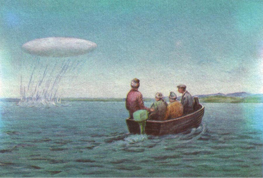 UFO flight from Kronotsky Lake, Kamchatka, 1970 (drawing by N. Potapov according to the descriptions of witnesses).