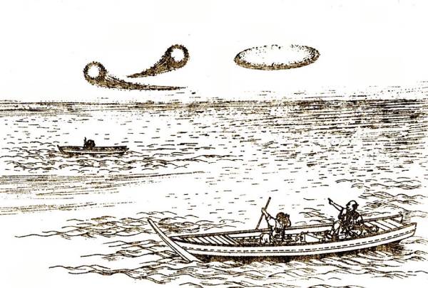 Flying objects over the sea. An old Japanese print.