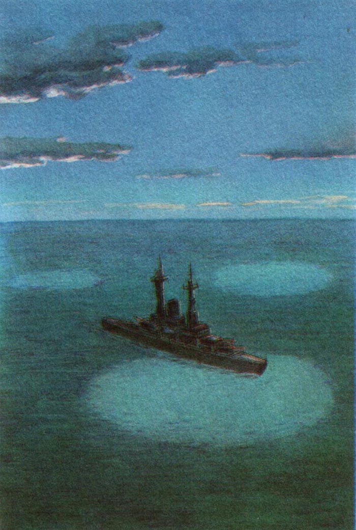Moving luminous circles on the ocean surface (drawing by N. Potapov according to the descriptions of witnesses).