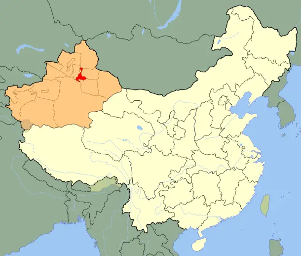Ürümqi City jurisdiction (red) in Xinjiang (orange)