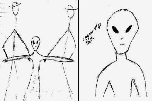 An illustration of the alien bodies found in the Cape Girardeau field in 1941.