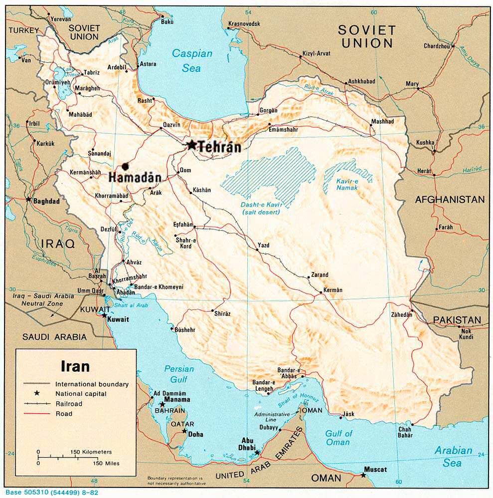 Map of Iran and nearby countries, where Tehran and Hamadan are marked, where two f-4 interceptors took off from