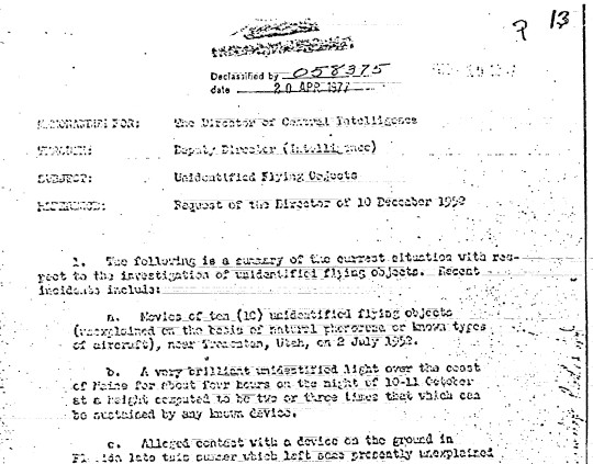 CIA report 058375. UFO sightings in USA 1952. Unidentified Flying Objects declassified 20 APR 1977