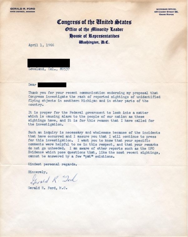 Letter From Gerald Ford About UFO's - 1966