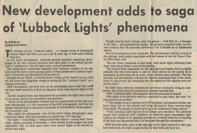 A fragment of an article about Lubbock lights in the local press