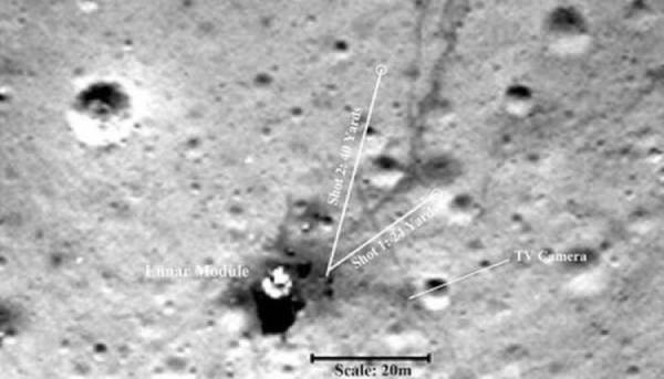 Lunar module and balls. Their location is marked on the image from orbit.