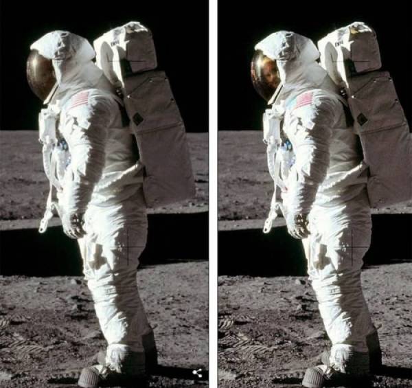 The face that appears in the picture (on the right) is definitely Aldrin's.