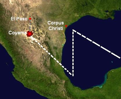 The alleged route of a UFO colliding with a civilian plane in Coyame, Mexico.