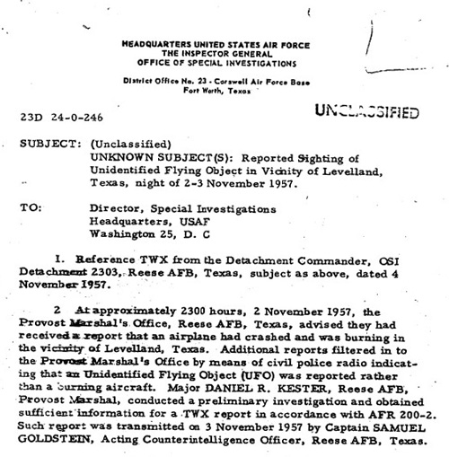 Part of the Air Force Investigator's report on the Blue Book Project»