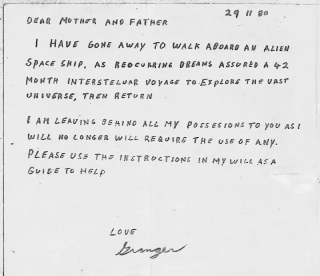 A farewell note from Granger Taylor, written before his disappearance.