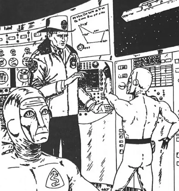 Schirmer on board a UFO. The sketch was created by Ware Cram on the basis of information obtained under hypnosis