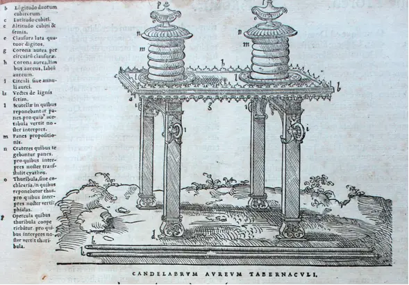 A drawing showing a piece of furniture built for the Temple of Solomon, from the mid-16th century Latin Bible. Bread, plates, pitchers, and other utensils were placed here.