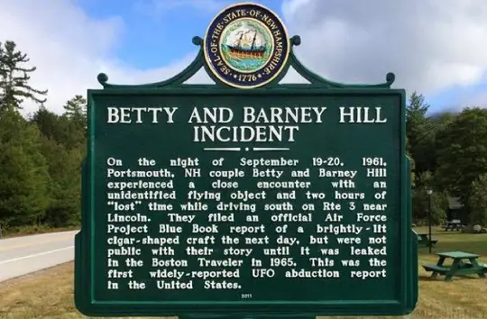 A historical marker in New Hampshire dedicated to the 50th anniversary of the abduction of Betty and Barney Hill