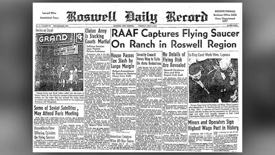 The Roswell daily record of July 9, 1947 details the ROSWELL UFO incident.When military officials first described the plane's wreckage to the press, they called the object a "flying disk”" prompting speculation about its extraterrestrial origin. ((Image source: Roswell daily record)